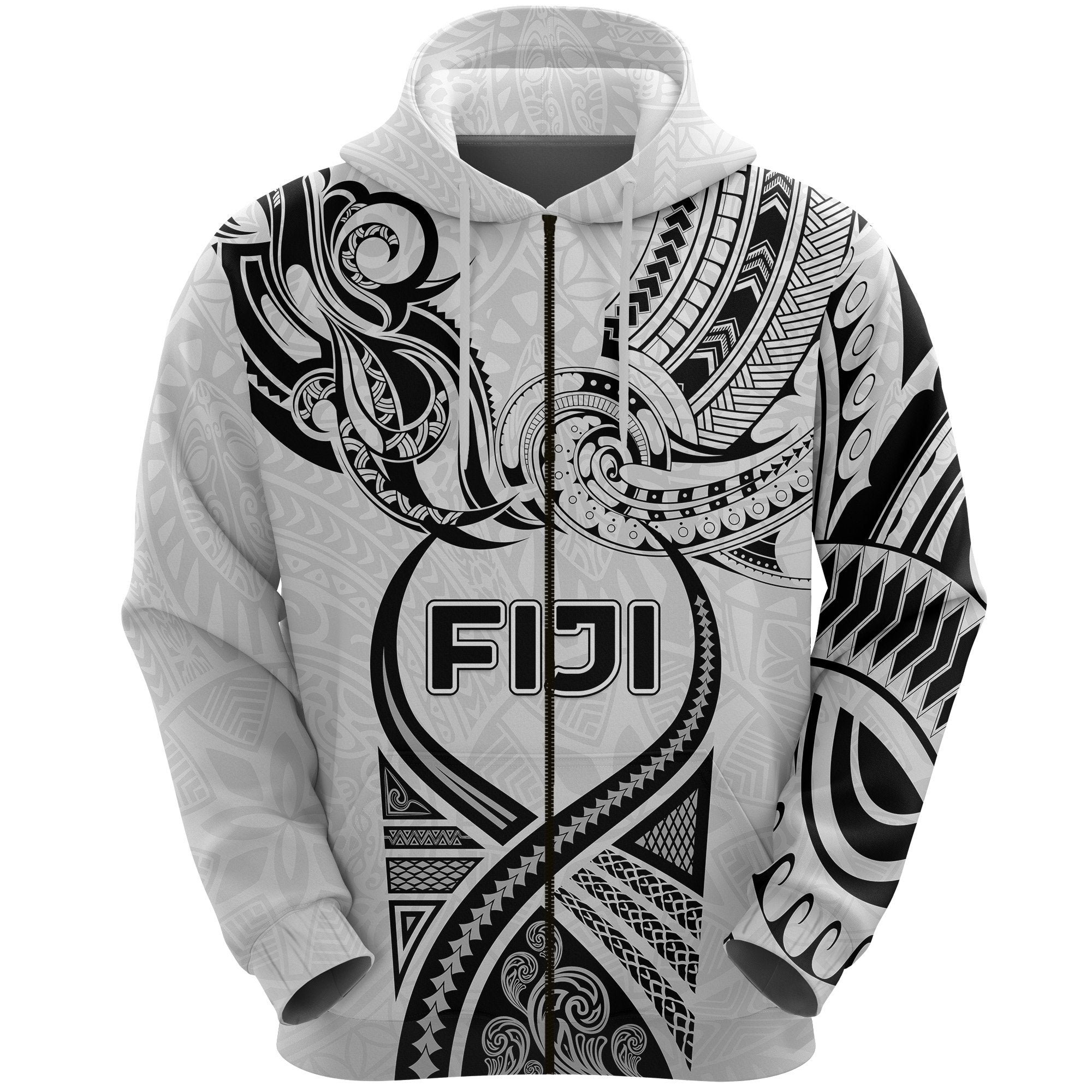 Fiji Rugby Zip Hoodie Polynesian Waves Style Unisex White - Polynesian Pride