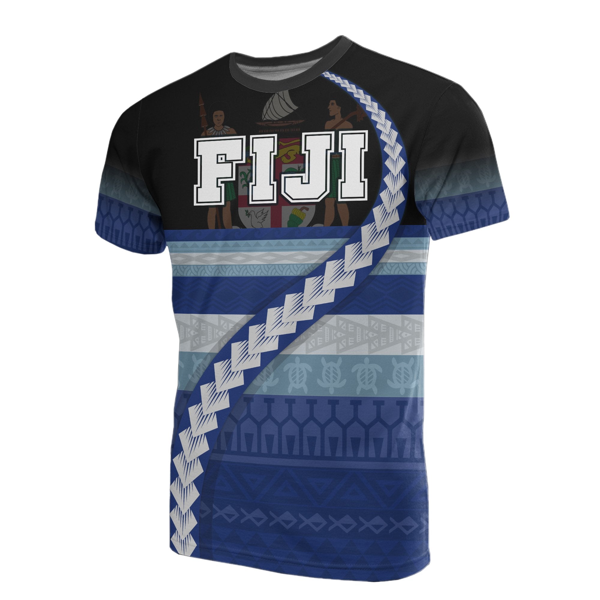 Fiji All Over T Shirt Fiji Coat of Arms Tribal Line Black Blue Unisex Blue - Polynesian Pride