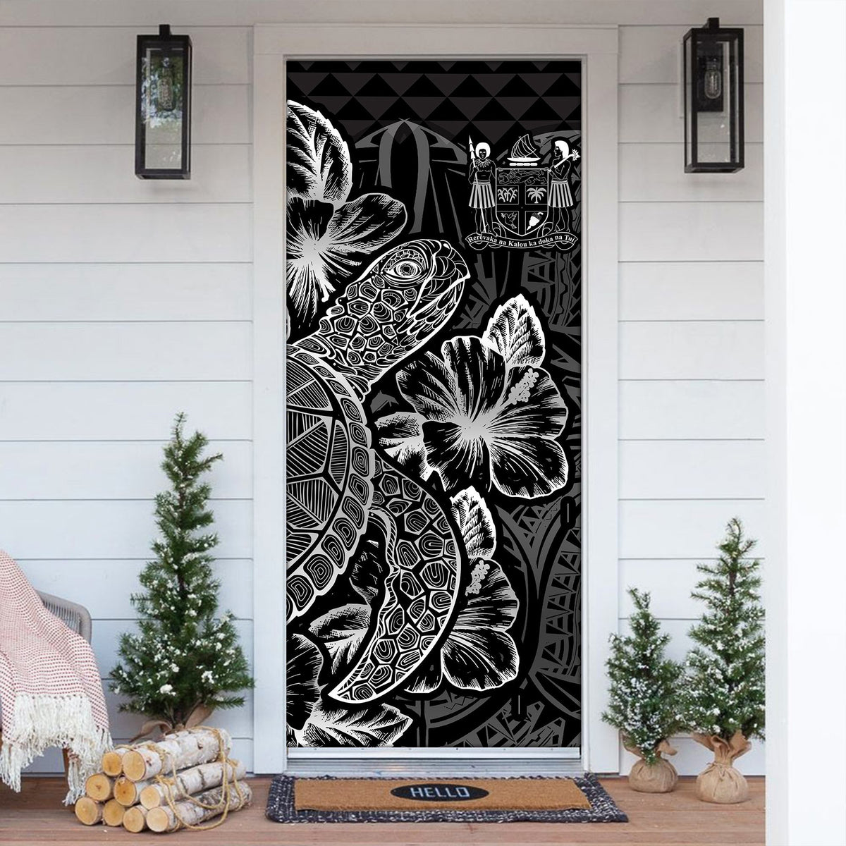 Fiji Door Cover Turtle Hibiscus Black - Polynesian Pride
