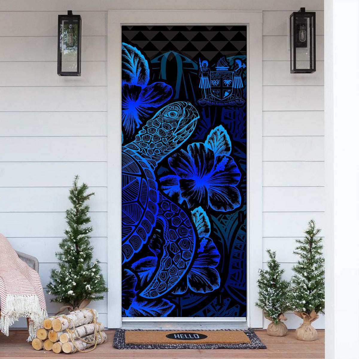 Fiji Door Cover Turtle Hibiscus Blue - Polynesian Pride