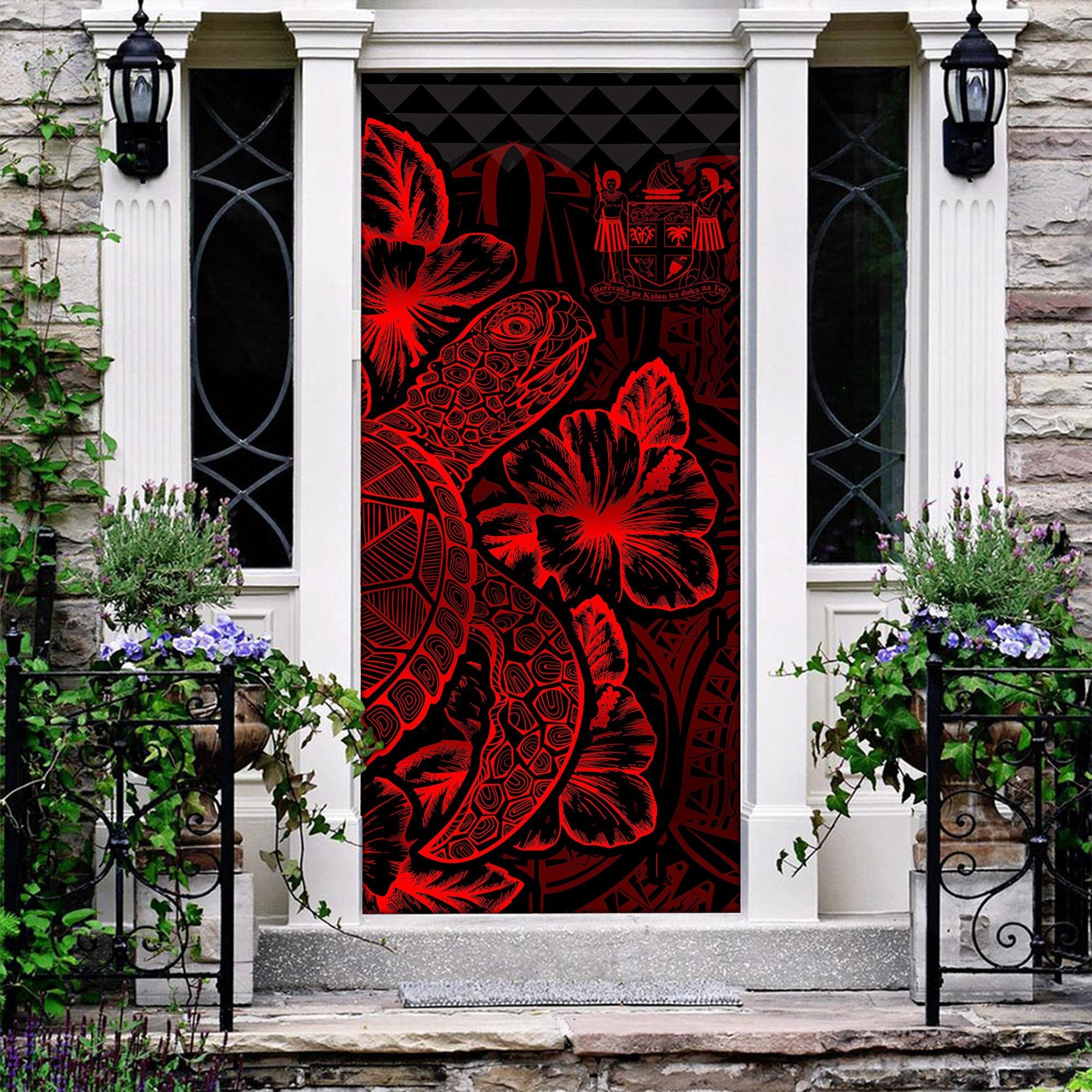 Fiji Door Cover Turtle Hibiscus Red - Polynesian Pride