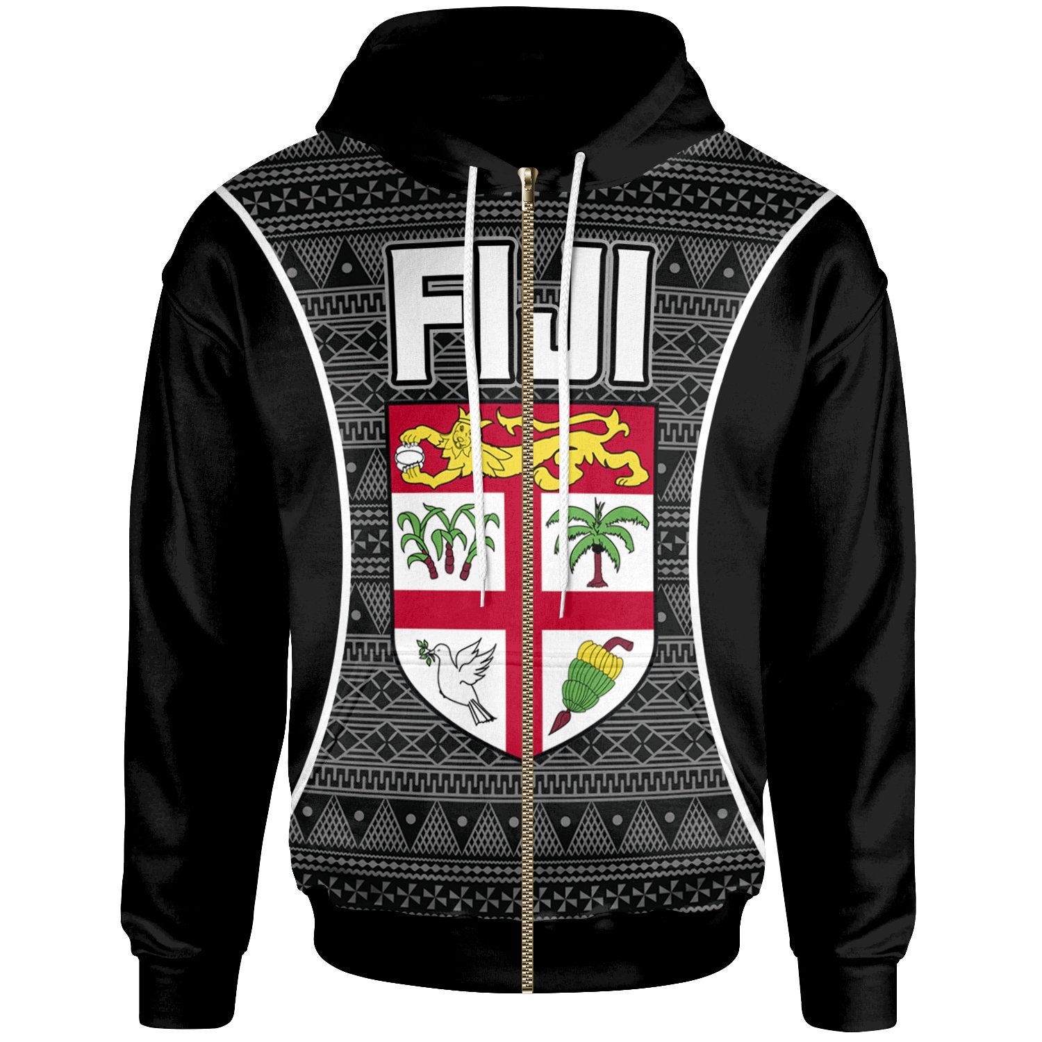 Fiji Zip up Hoodie Tapa Pattern Sport Style Unisex Black - Polynesian Pride