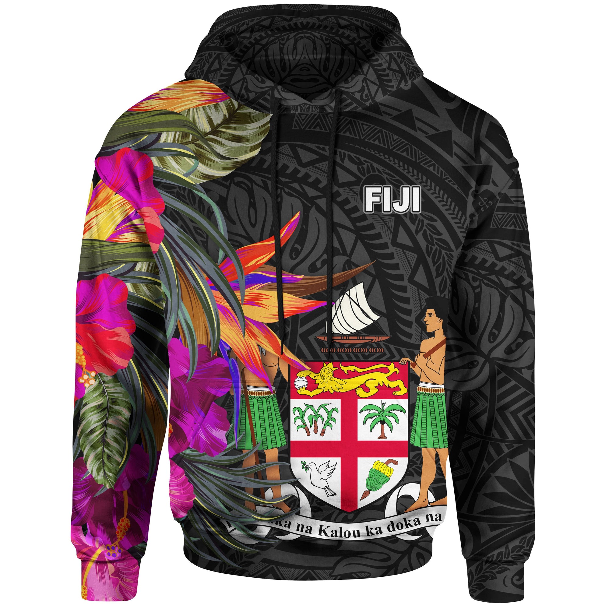 Fiji Hoodie Hibiscus Polynesian Pattern Unisex Black - Polynesian Pride