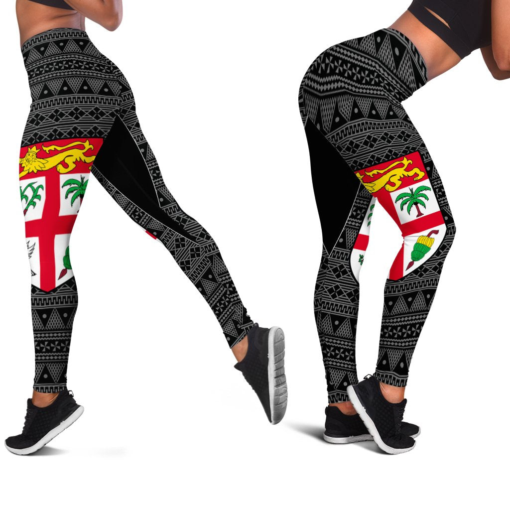 Fiji Leggings - Tapa Pattern Sport Style Black - Polynesian Pride