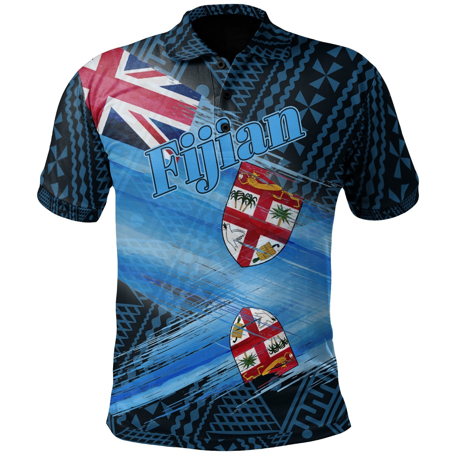 Fiji Polo Shirt Vitian Flag In Brush Unisex Blue - Polynesian Pride