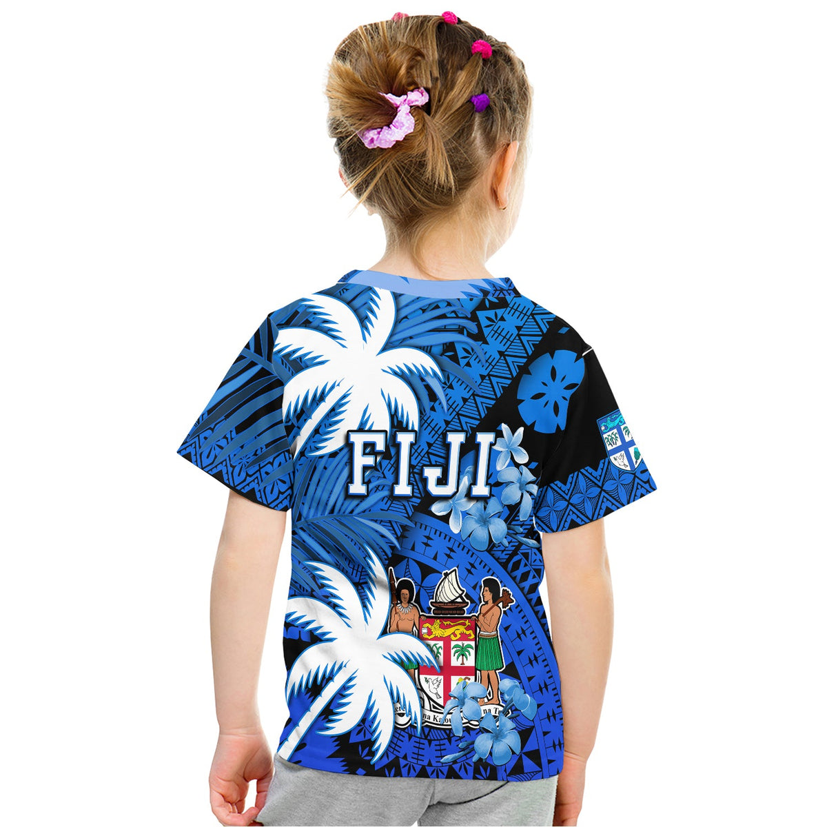 Fiji Coat of Arms T Shirt Masi Tapa Mixed Palm Tree No2 Blue Color Version LT9 - Polynesian Pride