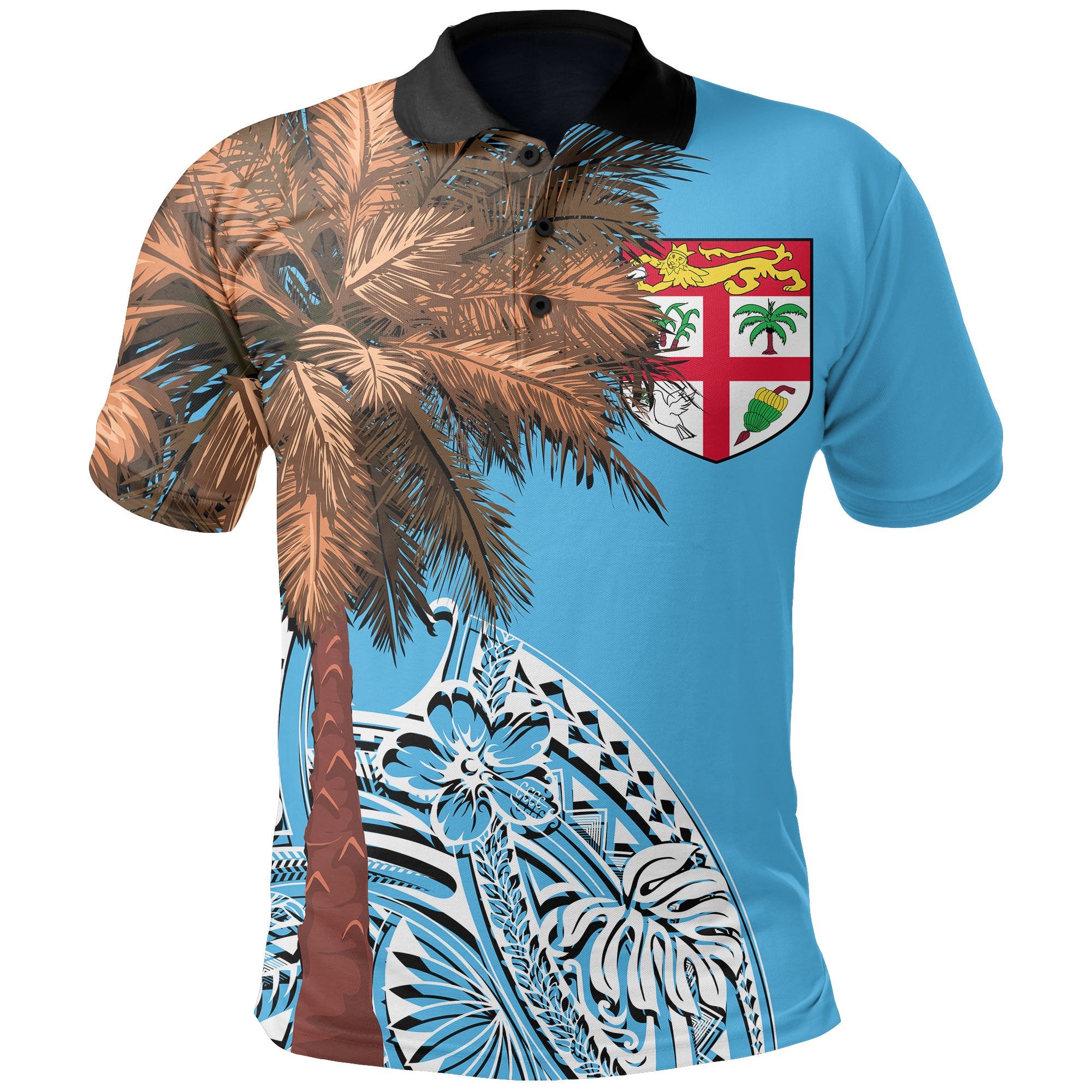 Fiji Polo Shirt Polynesian Palm Tree Flag Unisex Blue - Polynesian Pride