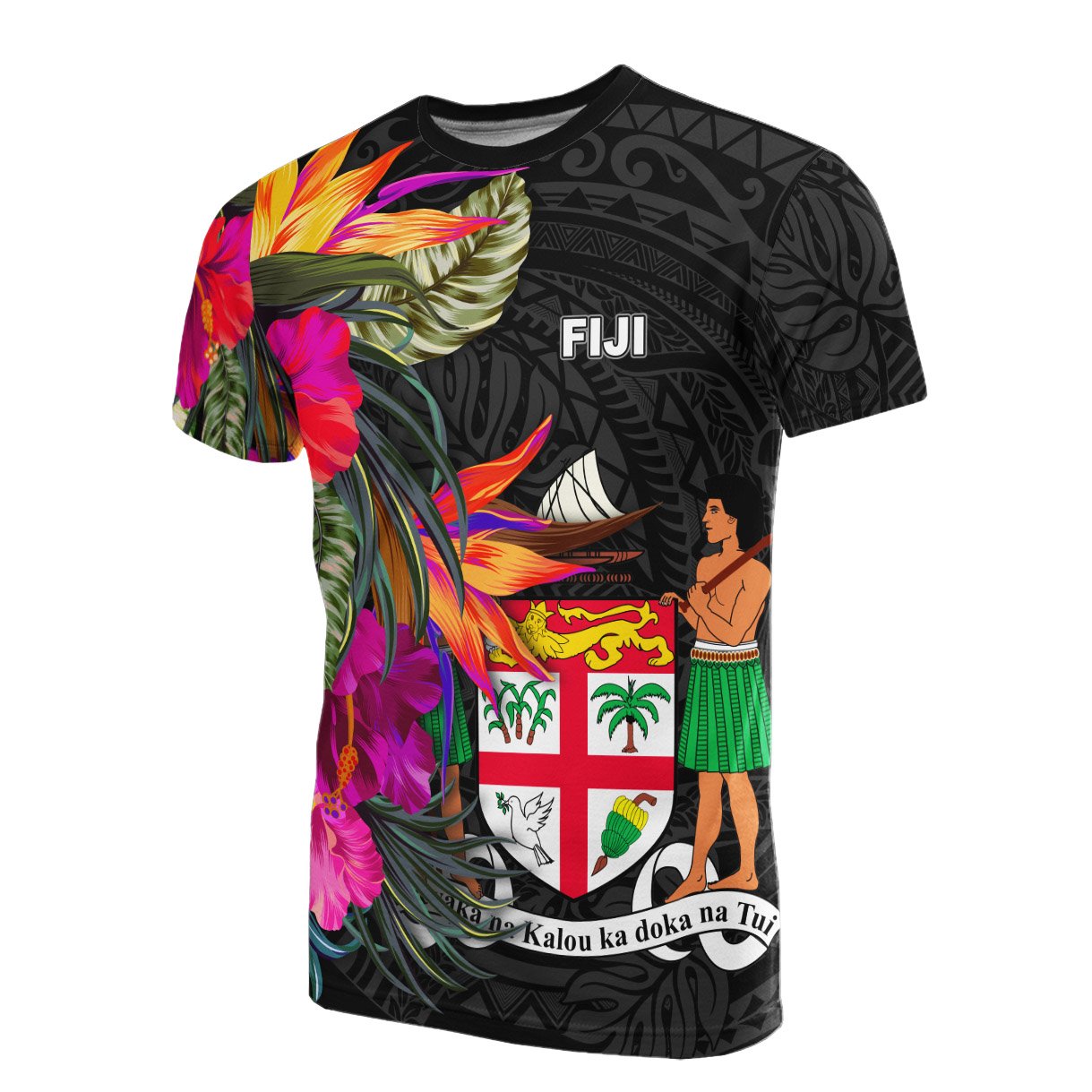 Fiji T Shirt Hibiscus Polynesian Pattern Unisex Black - Polynesian Pride