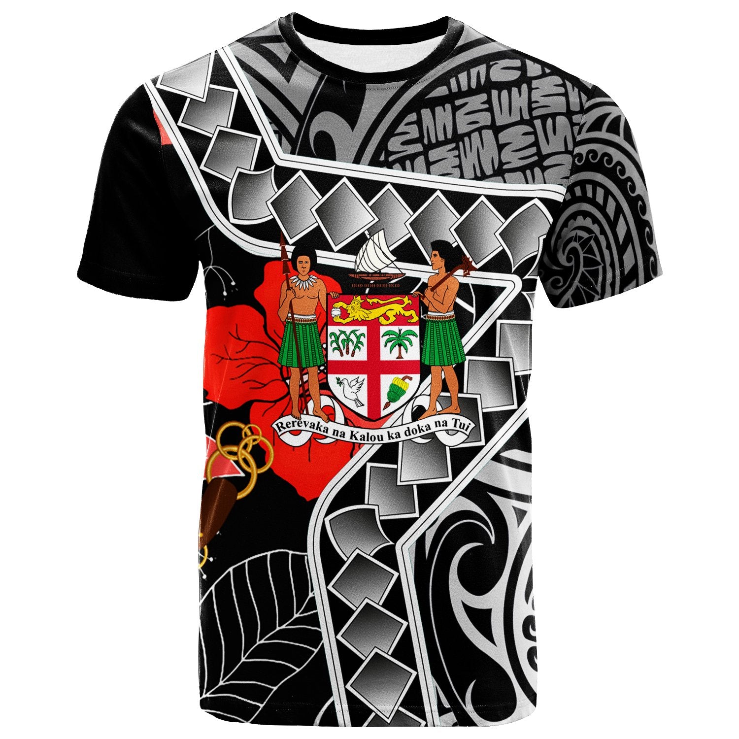 Fiji T Shirt Hibiscus Ft Polynesian Pattern Unisex Black - Polynesian Pride