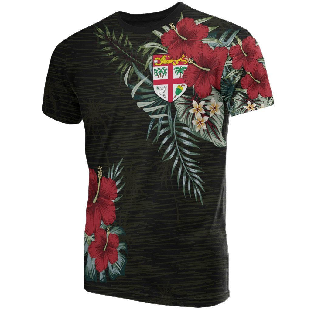 Fiji T Shirt Fijian Flag Hibiscus Palm Leaves Unisex Black - Polynesian Pride