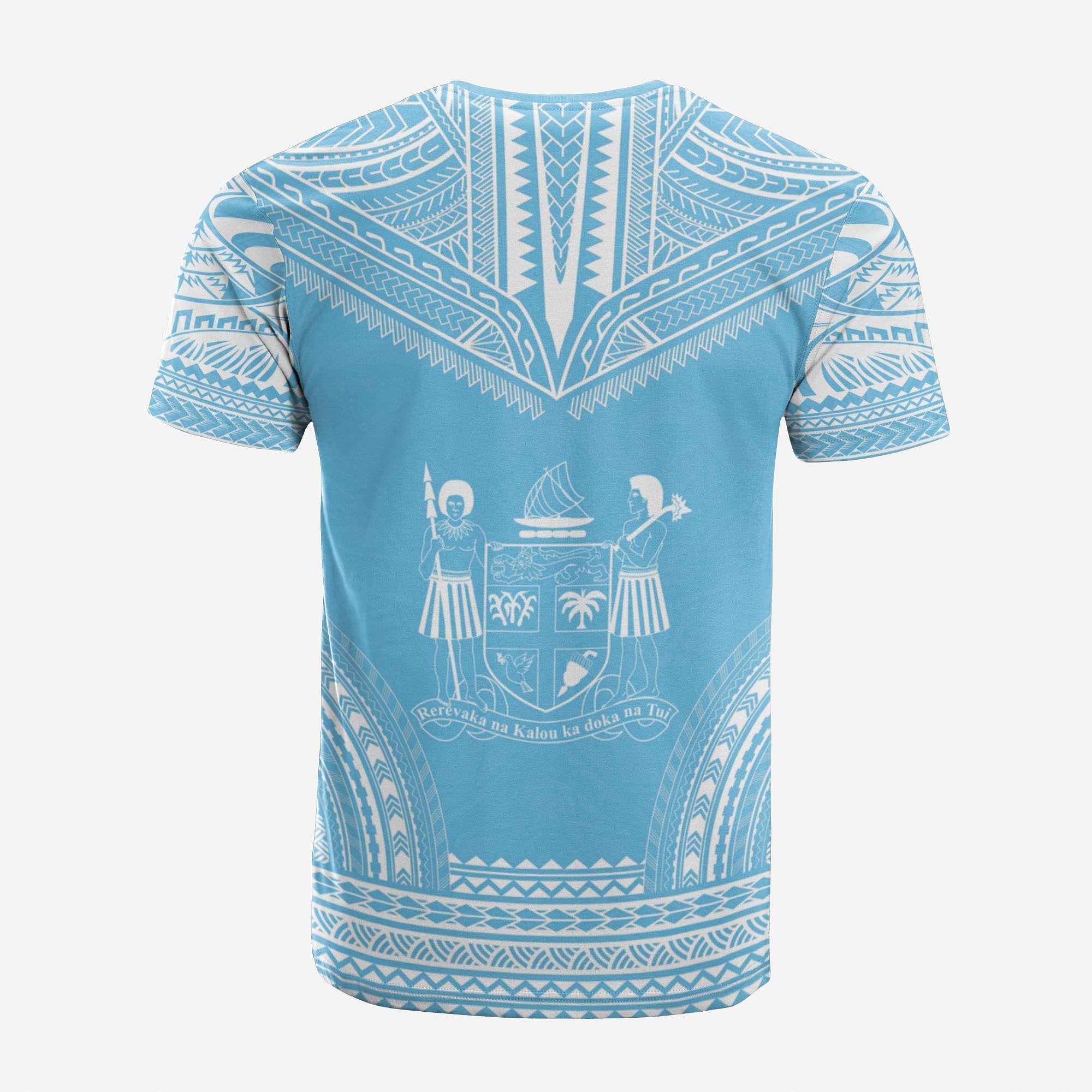 Fiji Custom T Shirt Fijian Coat of Arms Polynesian Chief Tattoo Light Blue Version Unisex Blue - Polynesian Pride