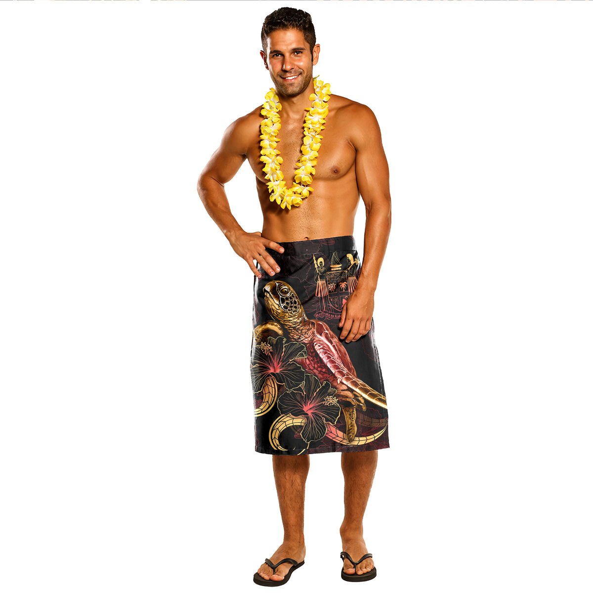 Fiji Lavalava - Fiji Coat Of Arms With Turtle Blooming Hibiscus Gold Gold - Polynesian Pride