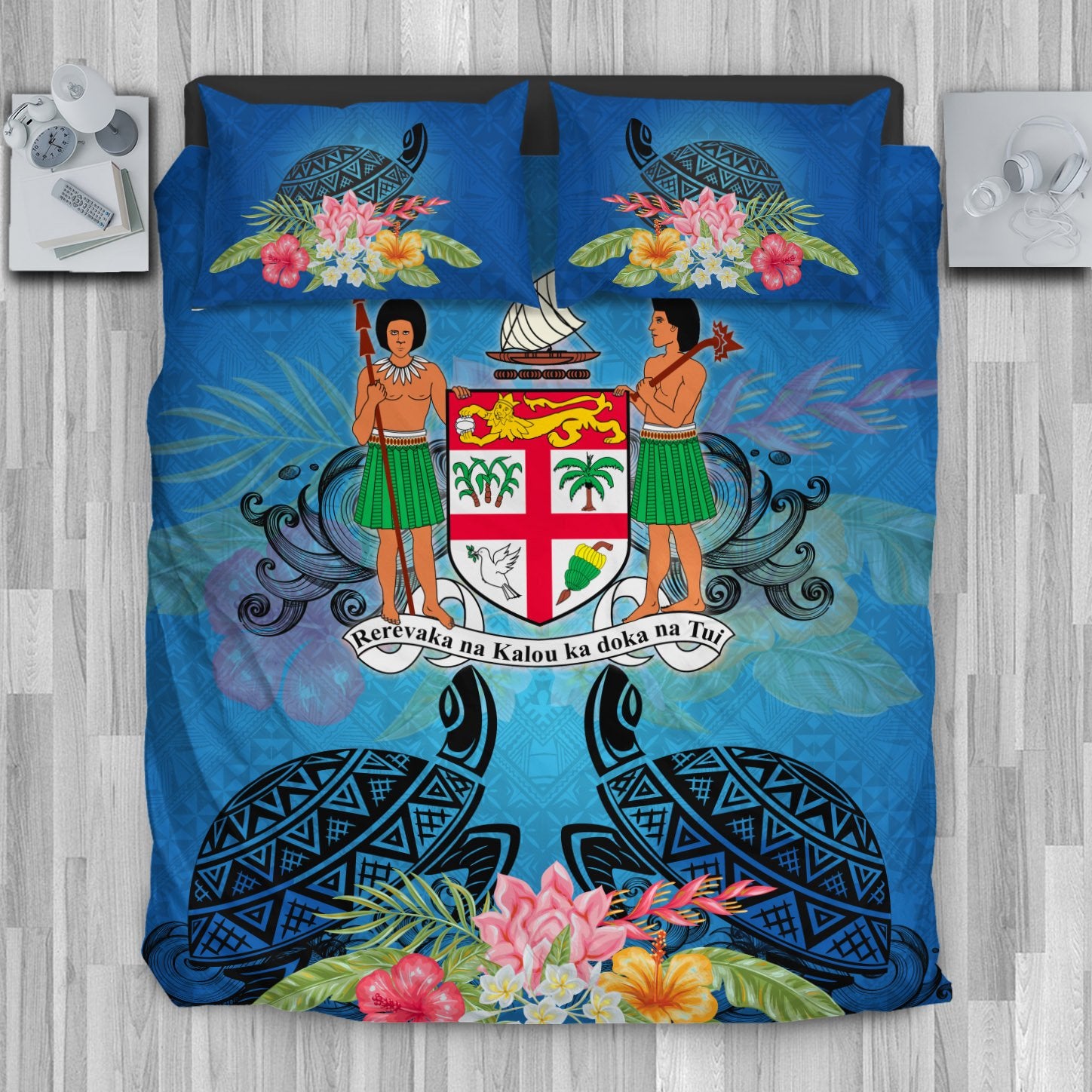 Fiji Bedding Set - Turtle Hibiscus Tapa Patterns Blue - Polynesian Pride