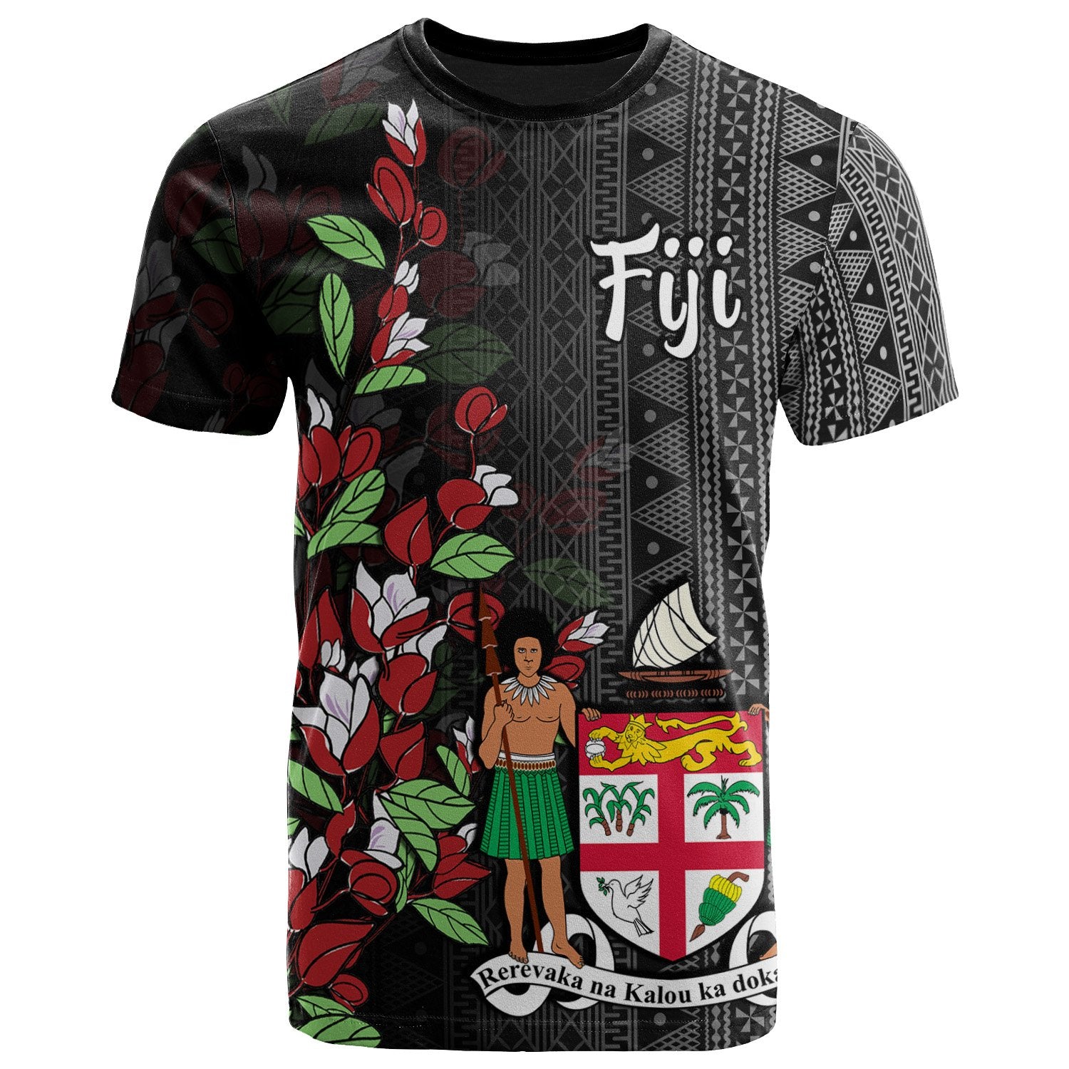 Fiji T Shirt Tagimaucia Flowers Unisex Black - Polynesian Pride