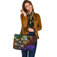 Fiji Large Leather Tote Bag - Rainbow Polynesian Pattern Crest - Polynesian Pride