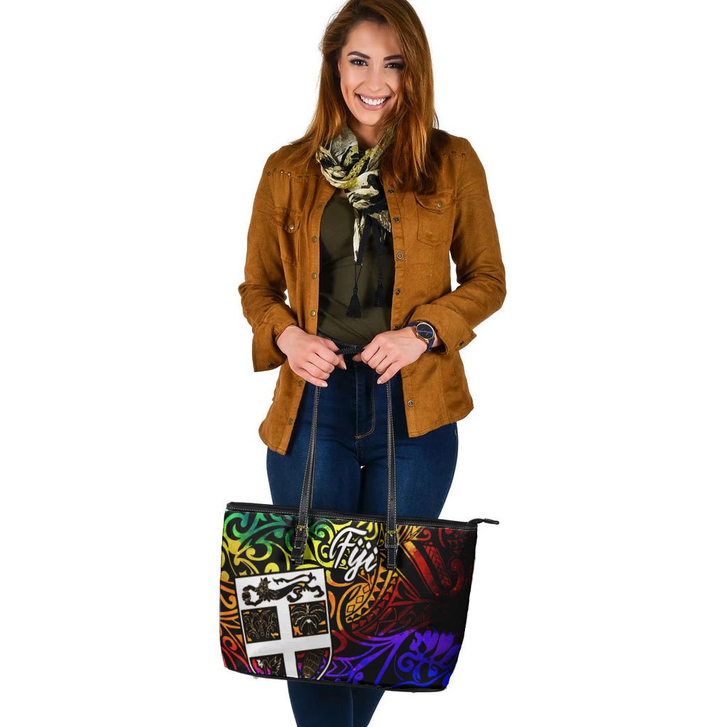 Fiji Large Leather Tote Bag - Rainbow Polynesian Pattern - Polynesian Pride