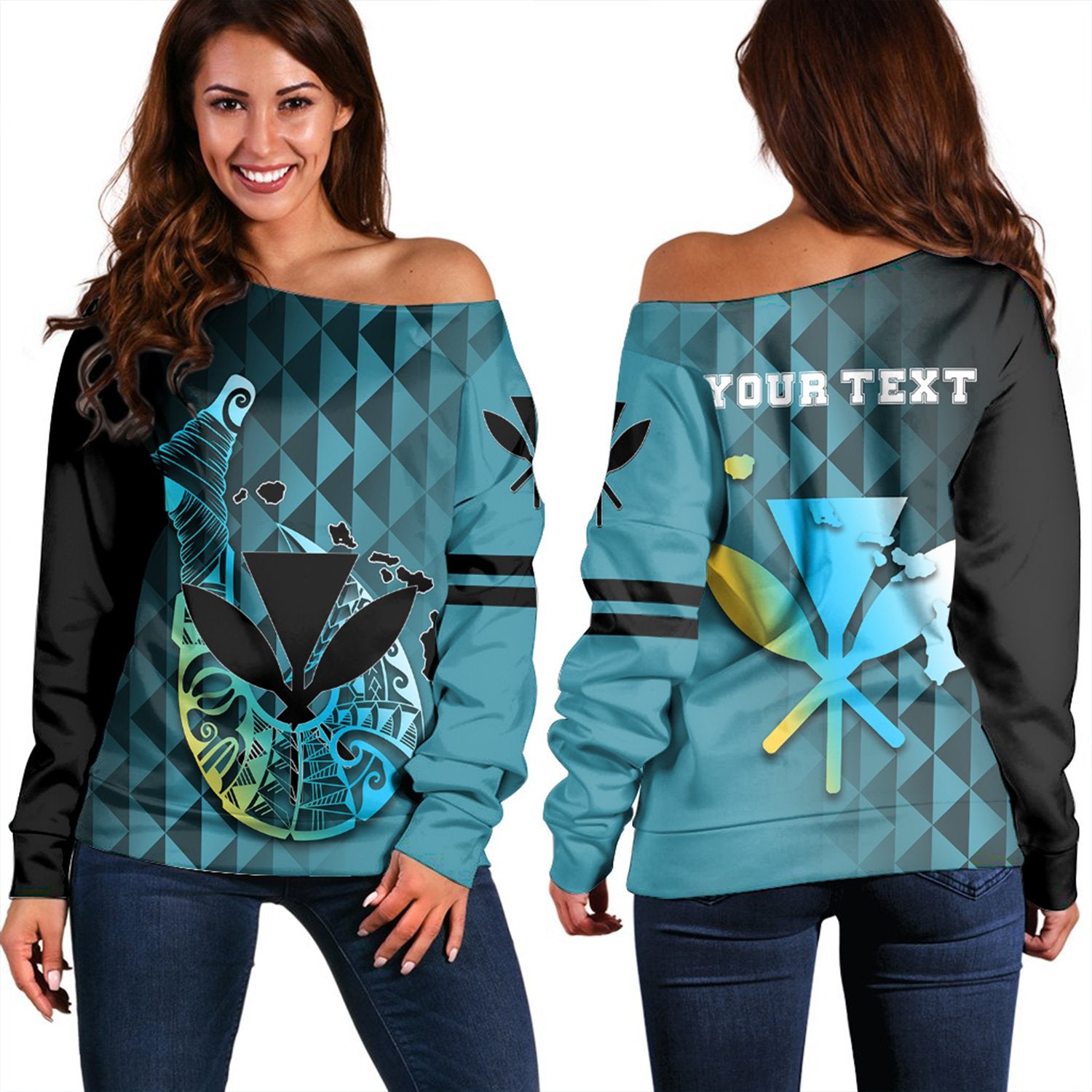 (Personalized) Hawaiian - Kanaka Fish Hook Women's Off Shoulder Sweater - Diamond Style - AH Blue - Polynesian Pride