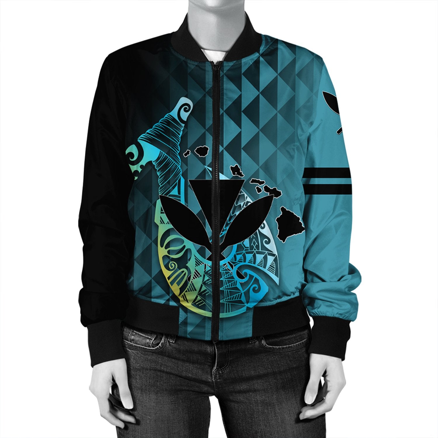 (Personalized) Hawaiian - Kanaka Fish Hook Women's Bomber Jacket - Diamond Style - AH Blue - Polynesian Pride