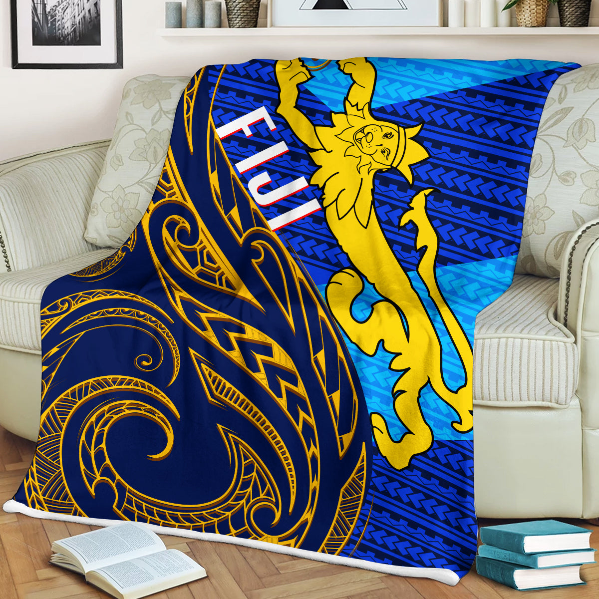 Fiji Premium Blanket - Flag's Color With Gold Polynesian Pattern - LT20 Blue - Polynesian Pride