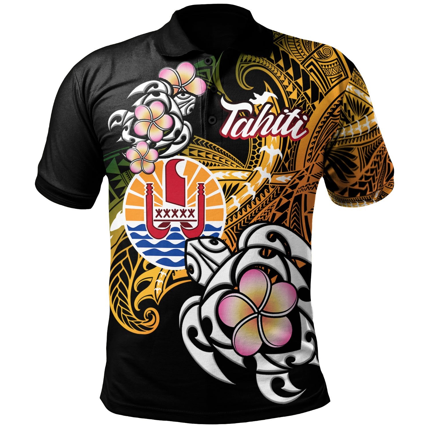 French Polynesia Tahiti Polo Shirt Tahitian Of Seal Turtle With Plumeria Unisex Black - Polynesian Pride