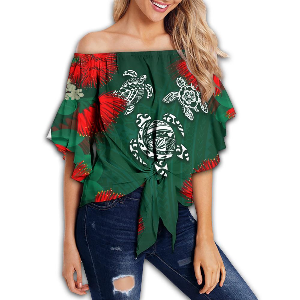 Hawaii Lehua Flowers Turtle Poly Off Shoulder Waist Wrap Top - Ser Style - AH - Polynesian Pride