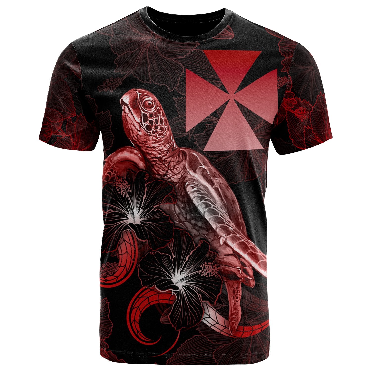 Wallis and Futuna Polynesian T Shirt Turtle With Blooming Hibiscus Red Unisex Red - Polynesian Pride