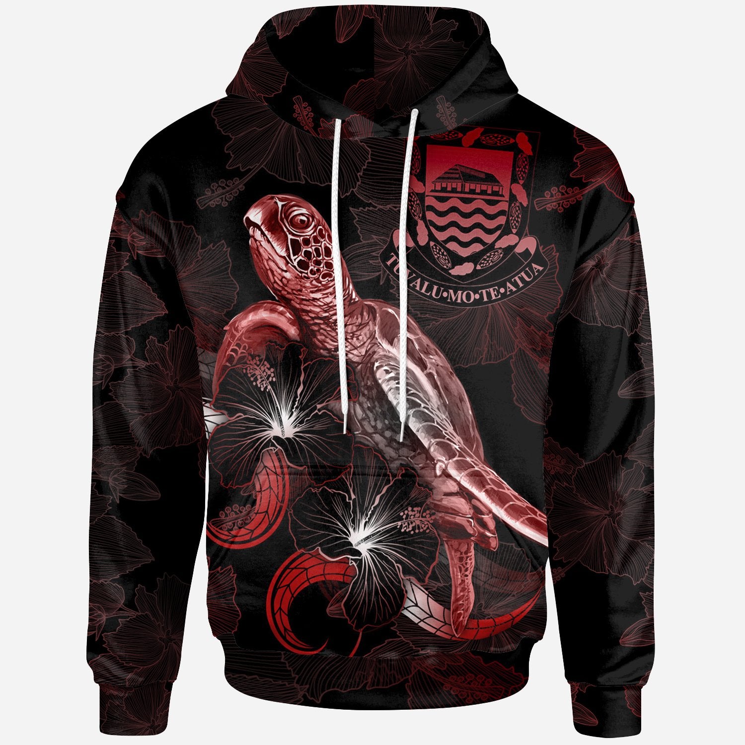 Tuvalu Polynesian Hoodie Turtle With Blooming Hibiscus Red Unisex Red - Polynesian Pride