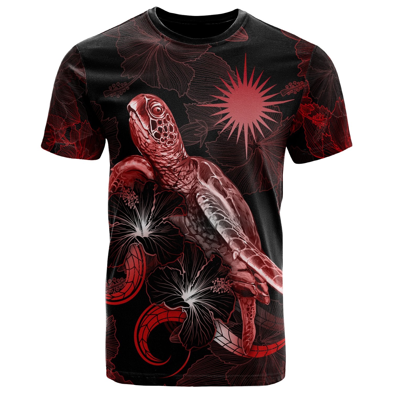 Marshall Islands Polynesian T Shirt Turtle With Blooming Hibiscus Red Unisex Red - Polynesian Pride