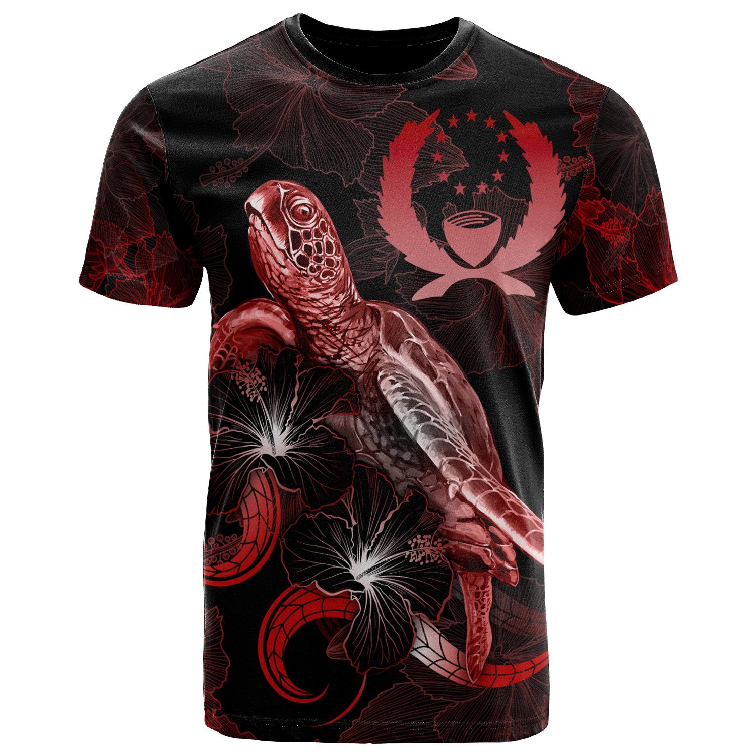 Pohnpei Polynesian T Shirt Turtle With Blooming Hibiscus Red Unisex Red - Polynesian Pride