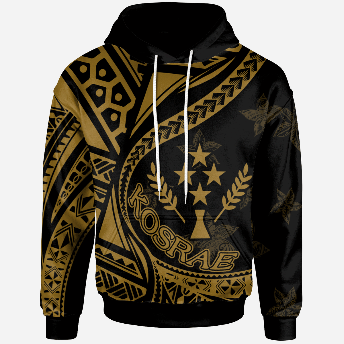 Kosrae Hoodie Plumeria Flowers Gold Version Unisex Black - Polynesian Pride