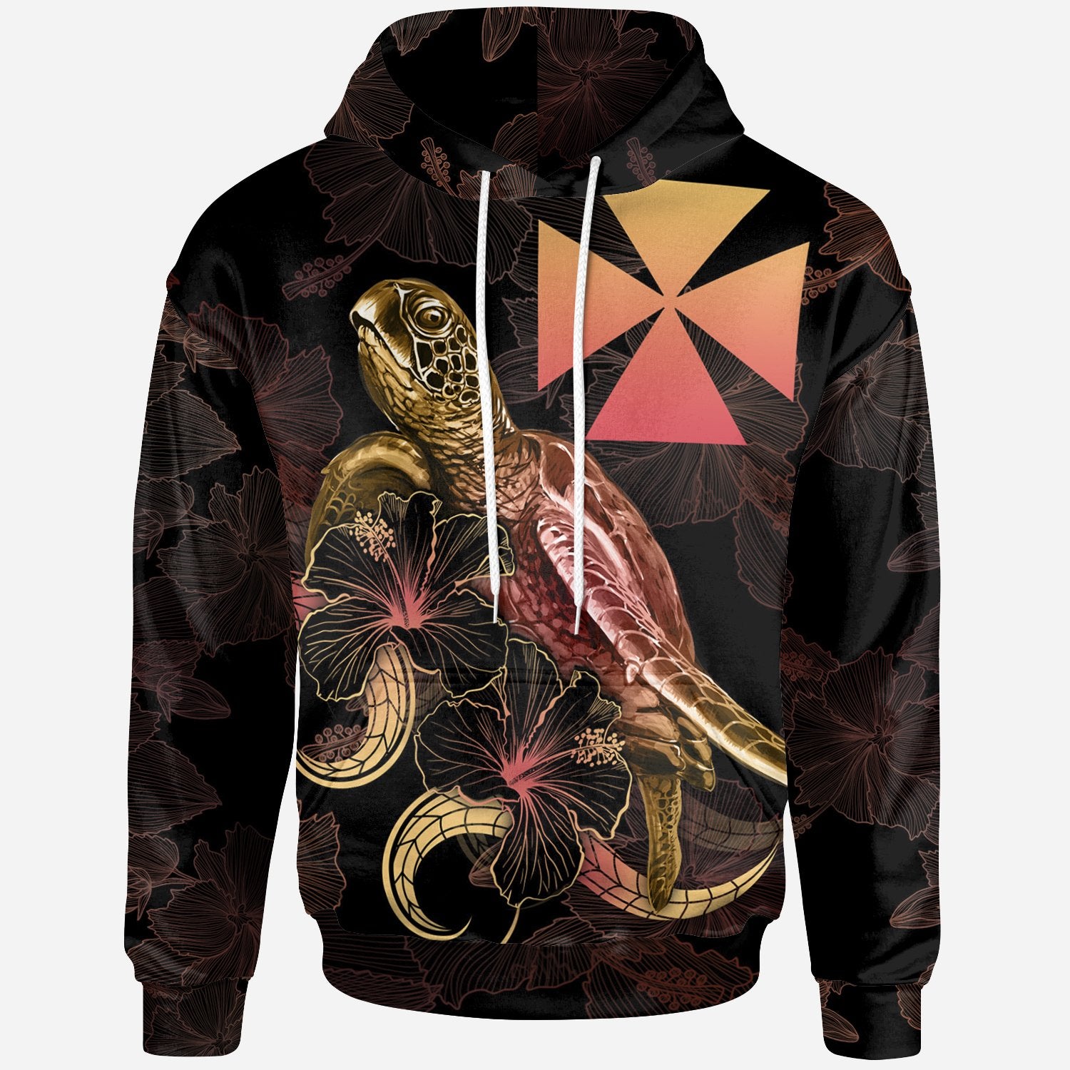 Wallis and Futuna Polynesian Hoodie Turtle With Blooming Hibiscus Gold Unisex Gold - Polynesian Pride