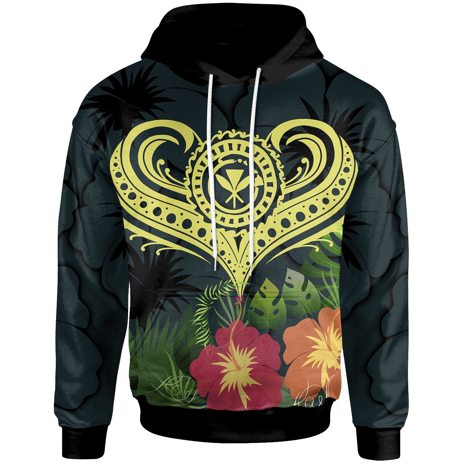 Polynesian Hawaii Kanaka Maoli Hoodie Heart with Hibiscus Unisex Green - Polynesian Pride