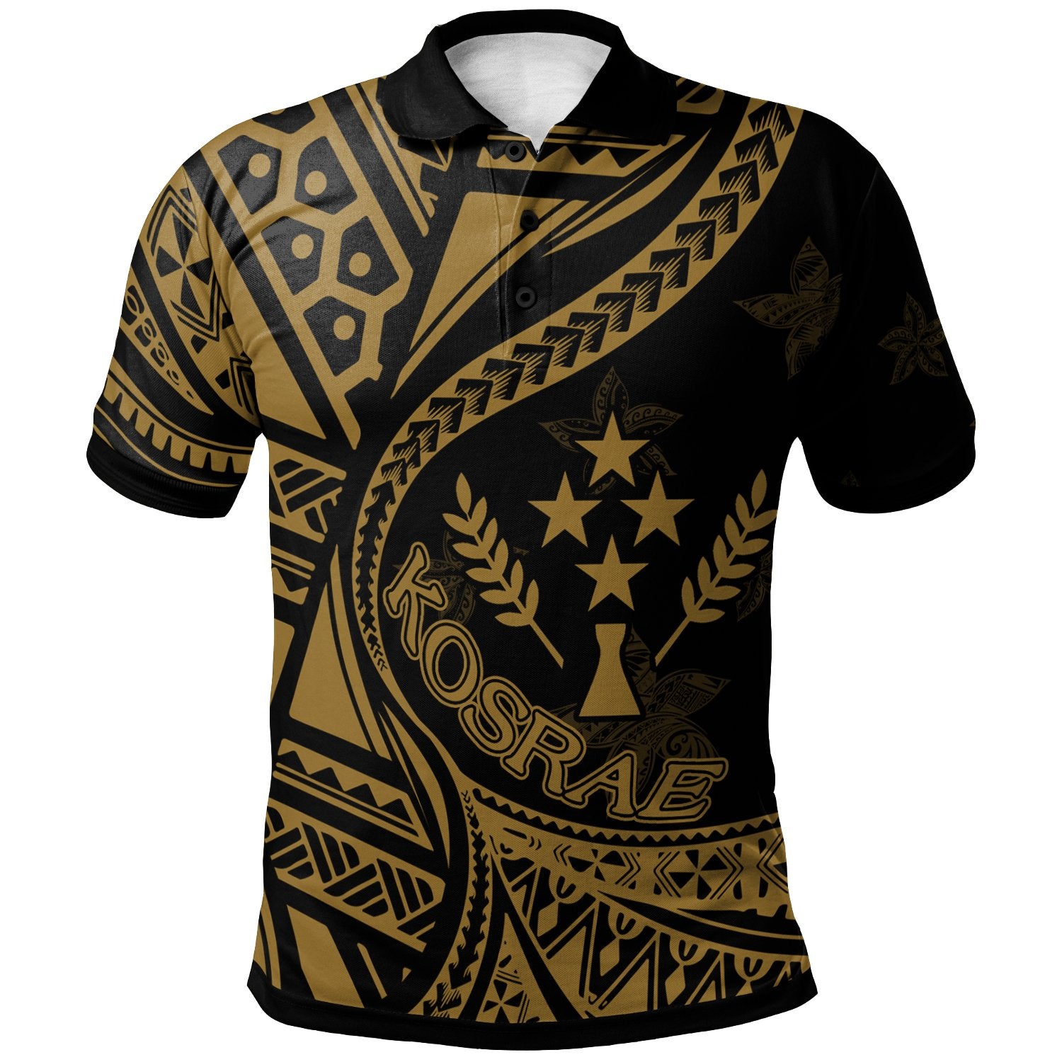 Kosrae Polo Shirt Plumeria Flowers Gold Version Unisex Black - Polynesian Pride