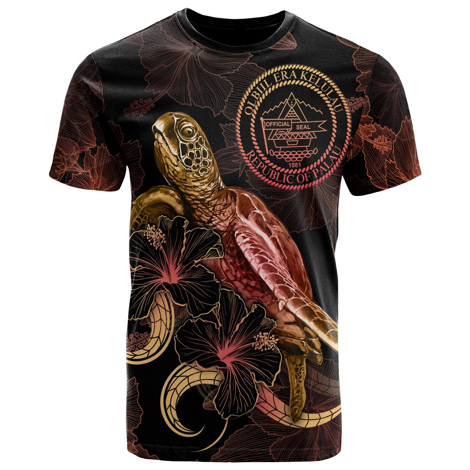 Palau Polynesian T shirt Turtle With Blooming Hibiscus Gold Unisex Art - Polynesian Pride