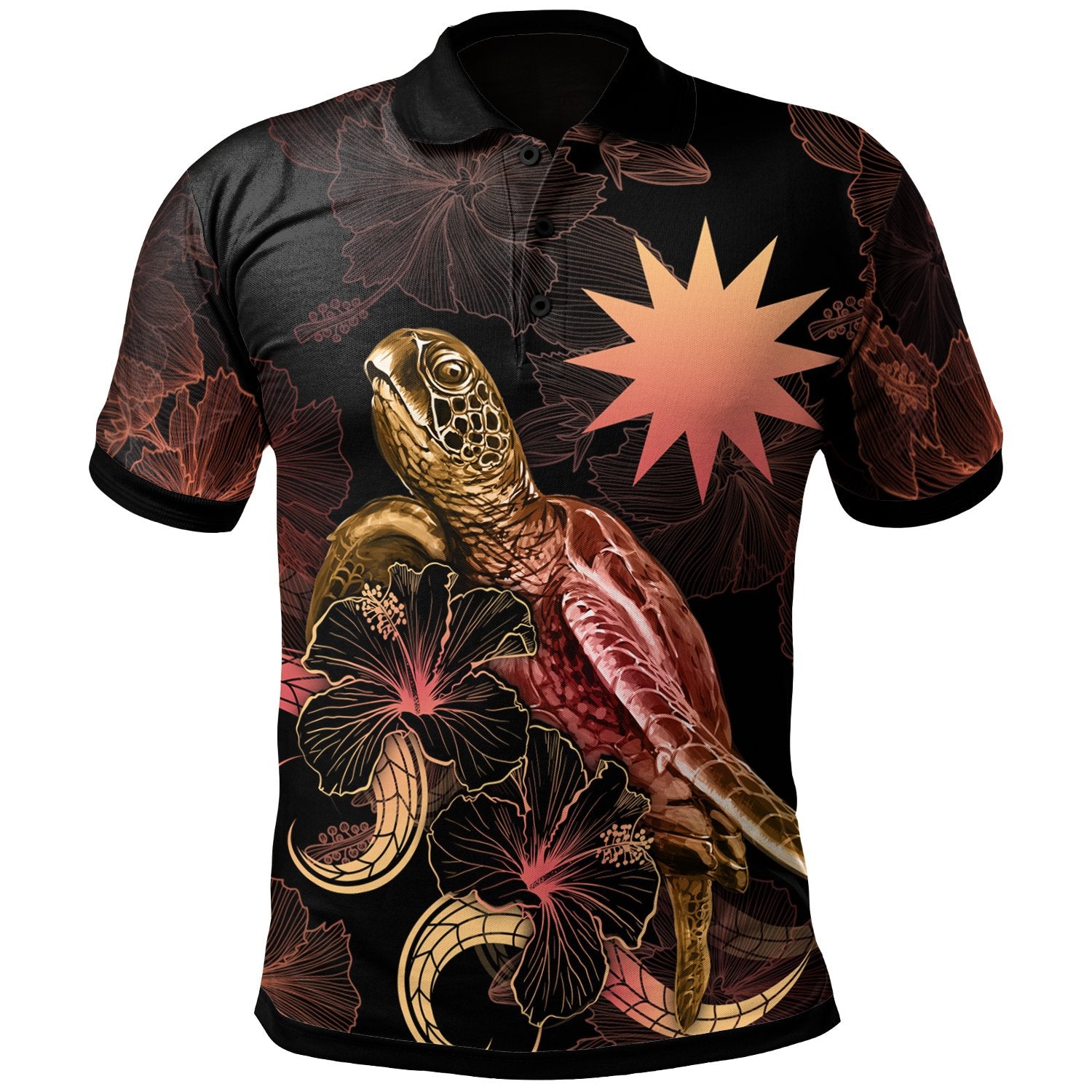 Nauru Polynesian Polo Shirt Turtle With Blooming Hibiscus Gold Unisex Gold - Polynesian Pride