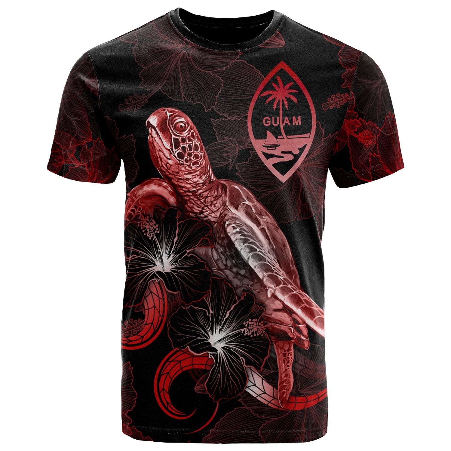 Guam Polynesian T Shirt Turtle With Blooming Hibiscus Red Unisex Red - Polynesian Pride