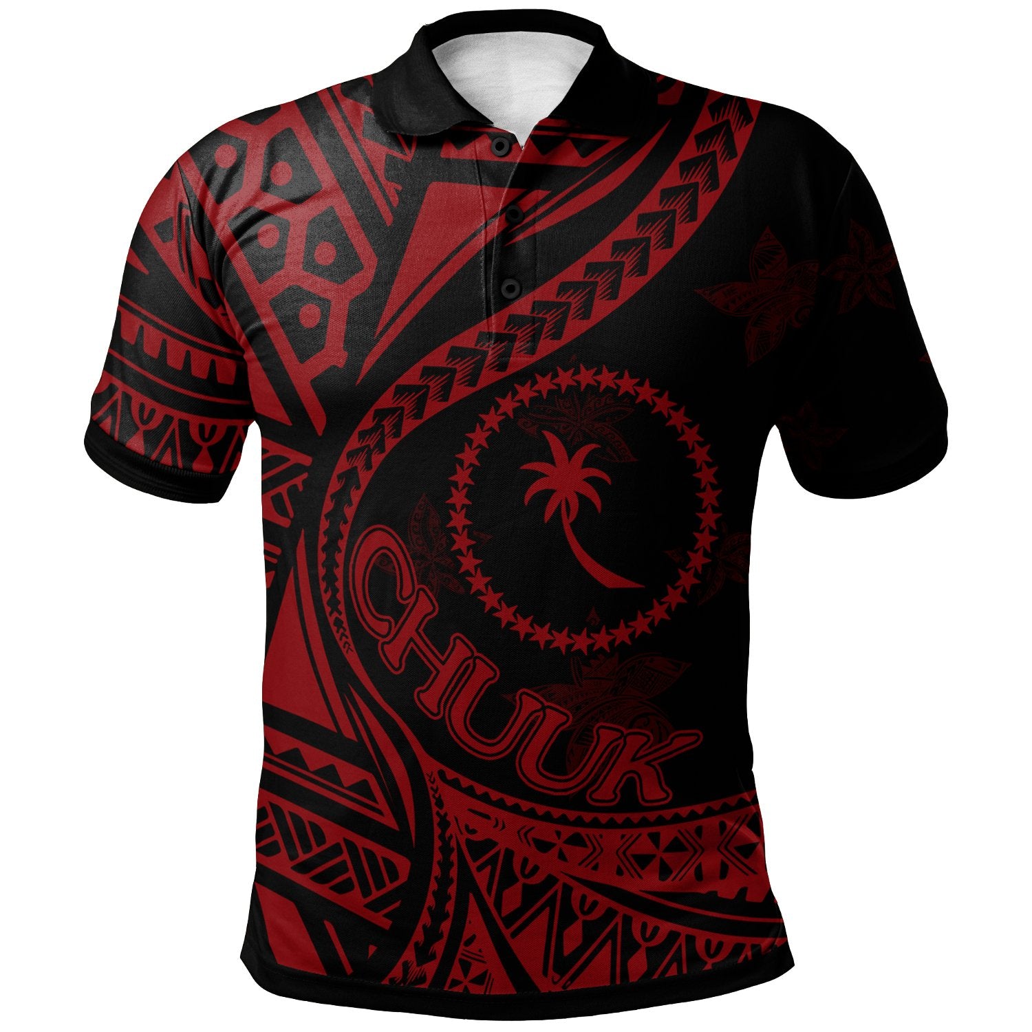 Chuuk Polo Shirt Plumeria Flowers Red Version Unisex Black - Polynesian Pride