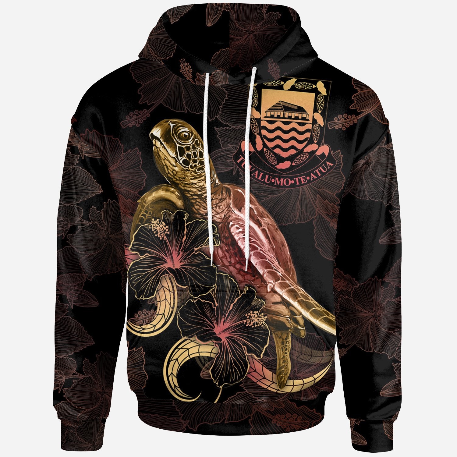 Tuvalu Polynesian Hoodie Turtle With Blooming Hibiscus Gold Unisex Gold - Polynesian Pride