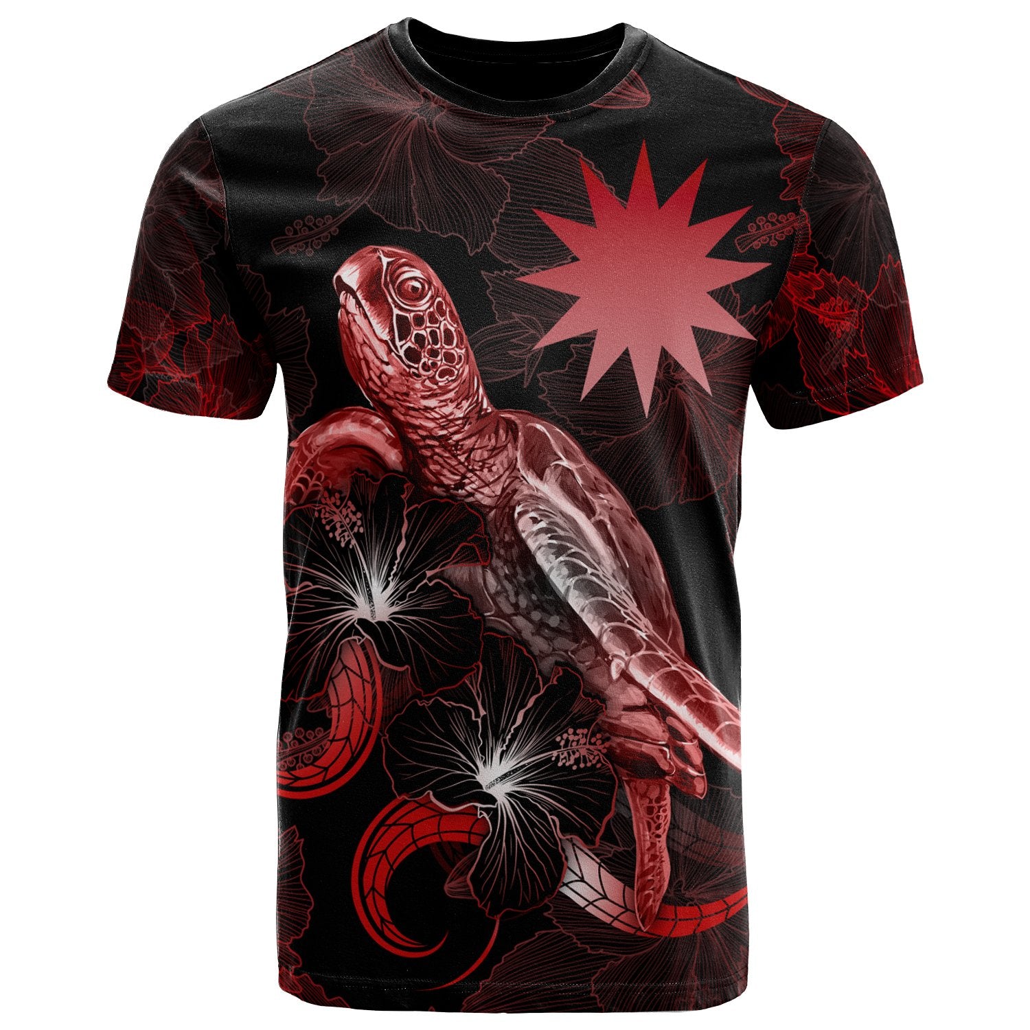 Nauru Polynesian T Shirt Turtle With Blooming Hibiscus Red Unisex Red - Polynesian Pride