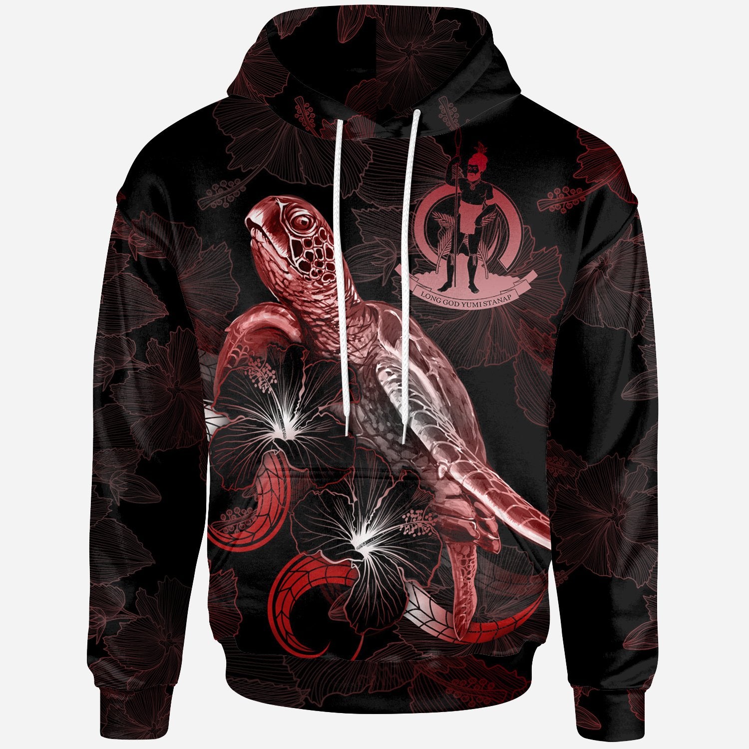 Vanuatu Polynesian Hoodie Turtle With Blooming Hibiscus Red Unisex Red - Polynesian Pride