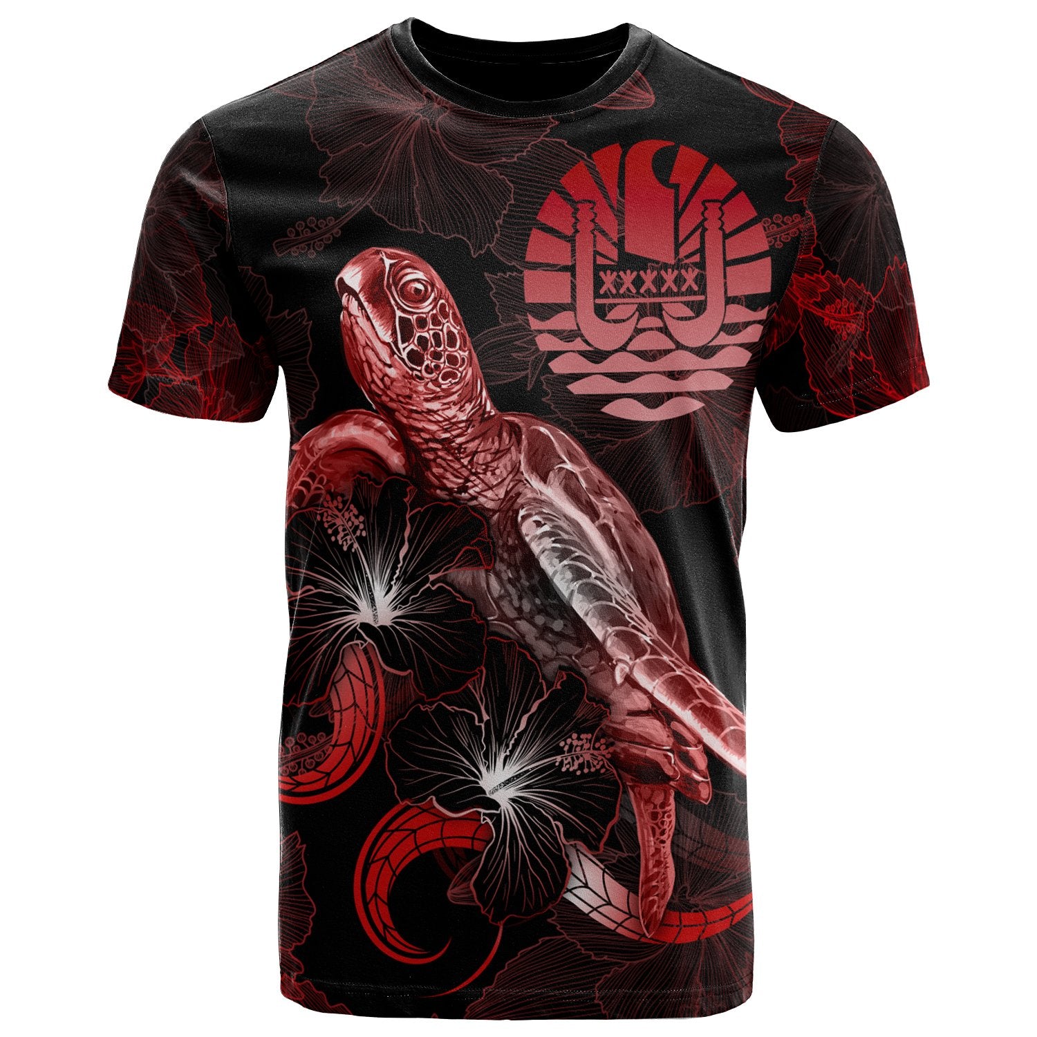 Tahiti Polynesian T Shirt Turtle With Blooming Hibiscus Red Unisex Red - Polynesian Pride