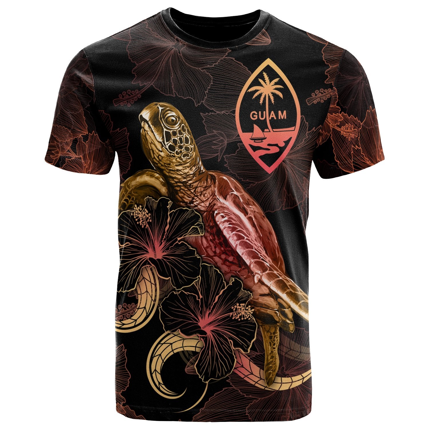 Guam Polyneisan T Shirt Turtle With Blooming Hibiscus Gold Unisex Art - Polynesian Pride