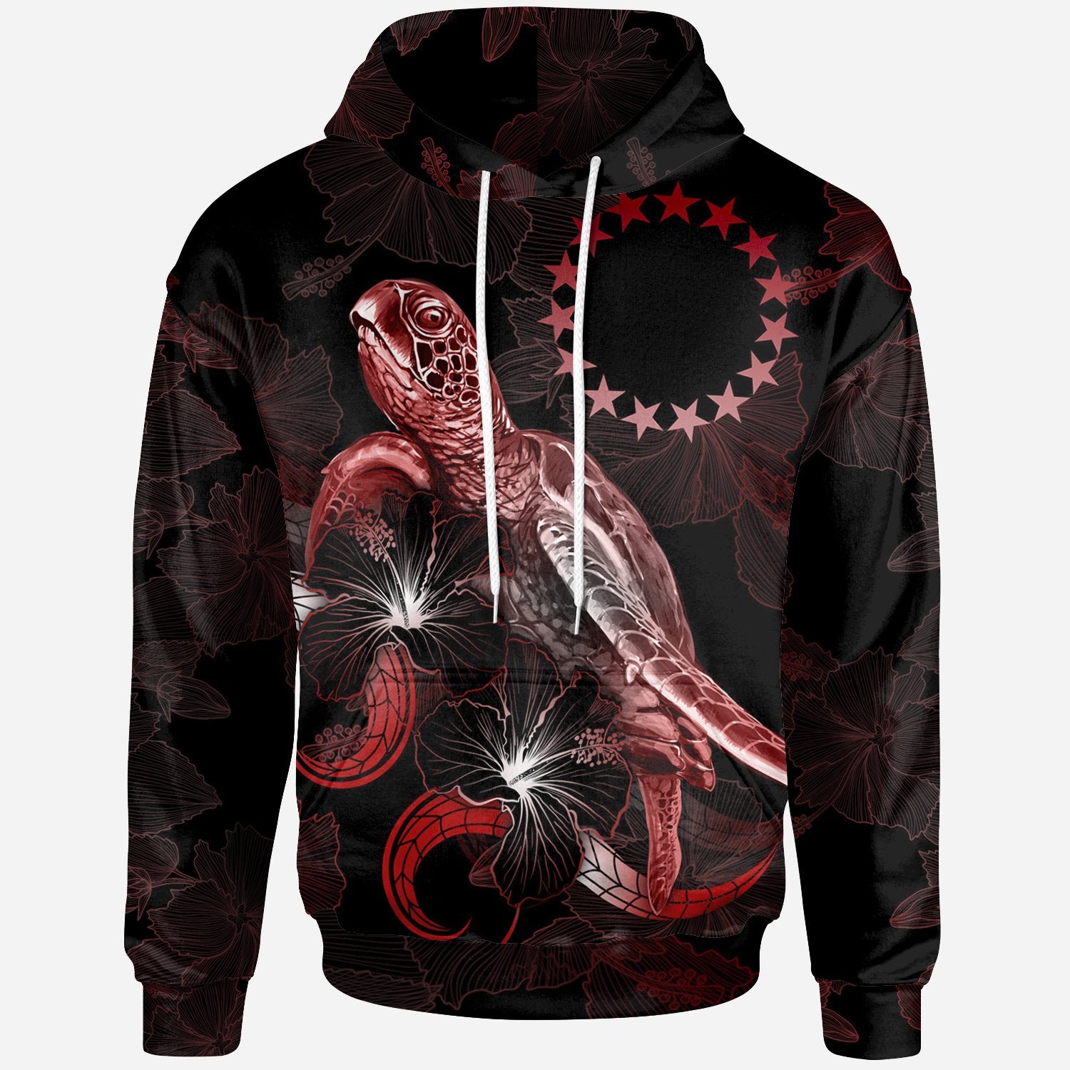 Cook Islands Polynesian Hoodie Turtle With Blooming Hibiscus Red Unisex Red - Polynesian Pride