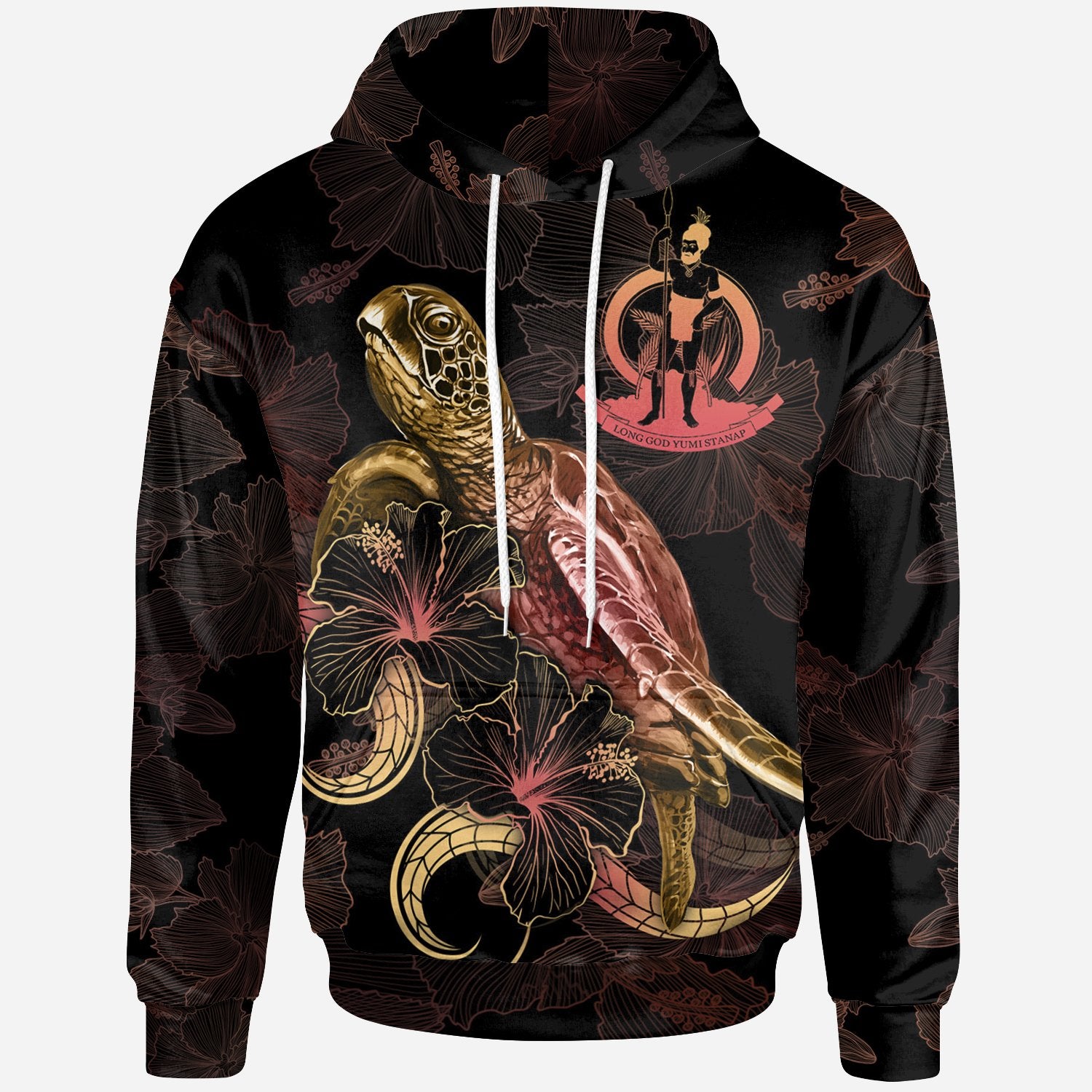 Vanuatu Polynesian Hoodie Turtle With Blooming Hibiscus Gold Unisex Gold - Polynesian Pride