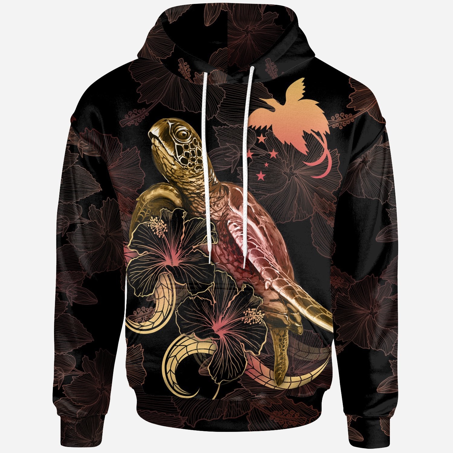 Papua New Guinea Polynesian Hoodie Turtle With Blooming Hibiscus Gold Unisex Gold - Polynesian Pride