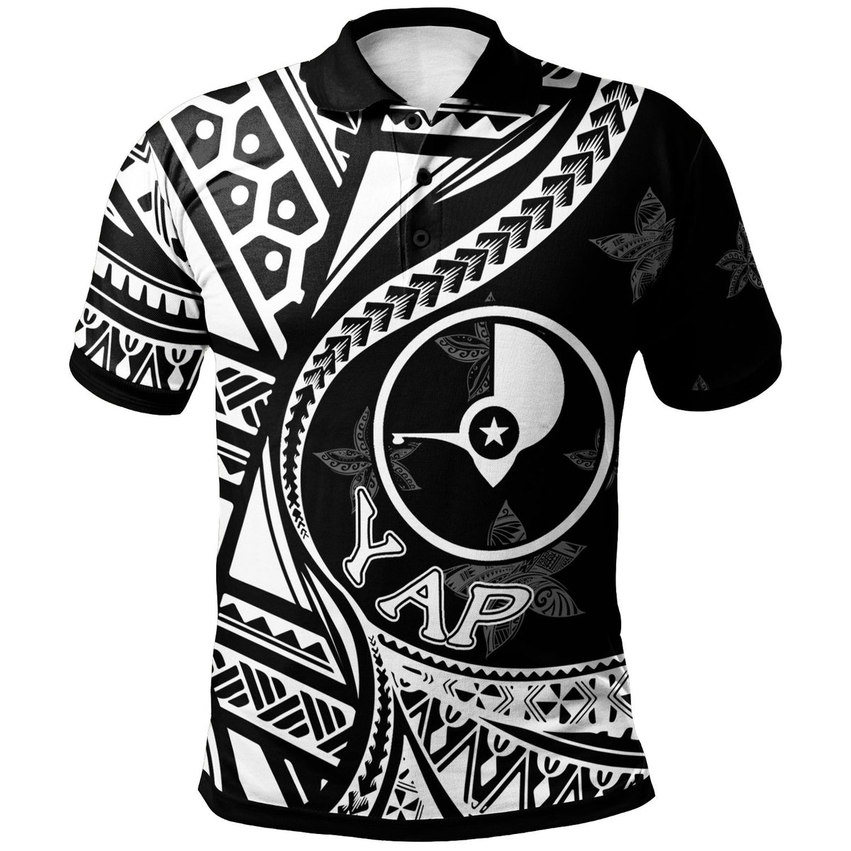 Yap Polo Shirt Plumeria Flowers White Version Unisex Black - Polynesian Pride