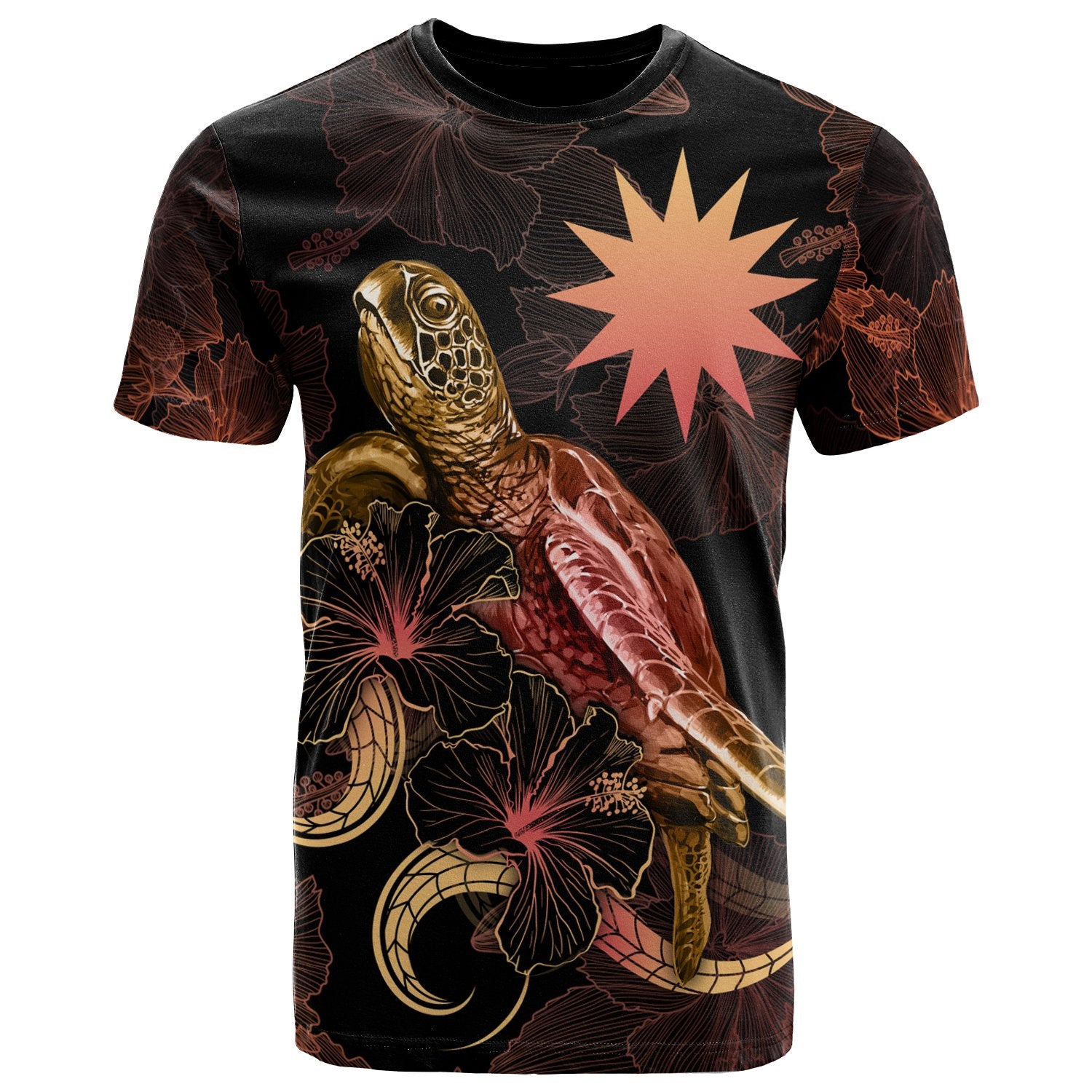 Nauru Polynesian T shirt Turtle With Blooming Hibiscus Gold Unisex Art - Polynesian Pride