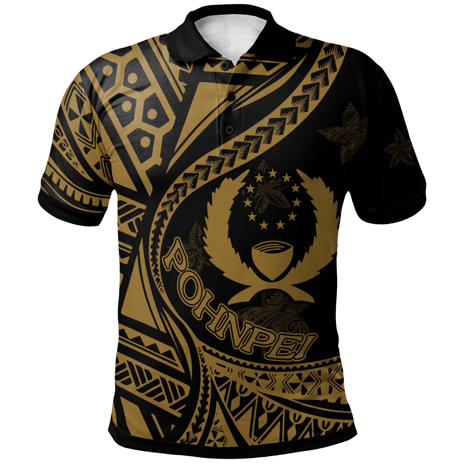 Pohnpei Polo Shirt Plumeria Flowers Gold Version Unisex Black - Polynesian Pride