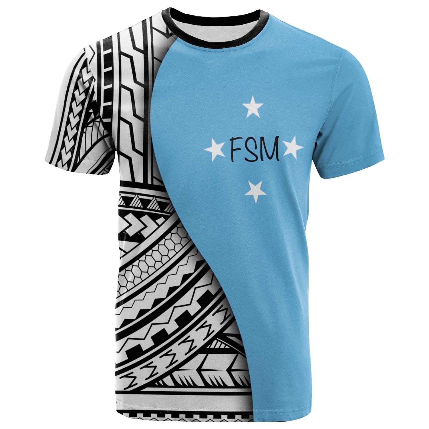 Federated States of Micronesia T Shirt Coat of Arm and Polynesian Patterns Unisex Blue - Polynesian Pride