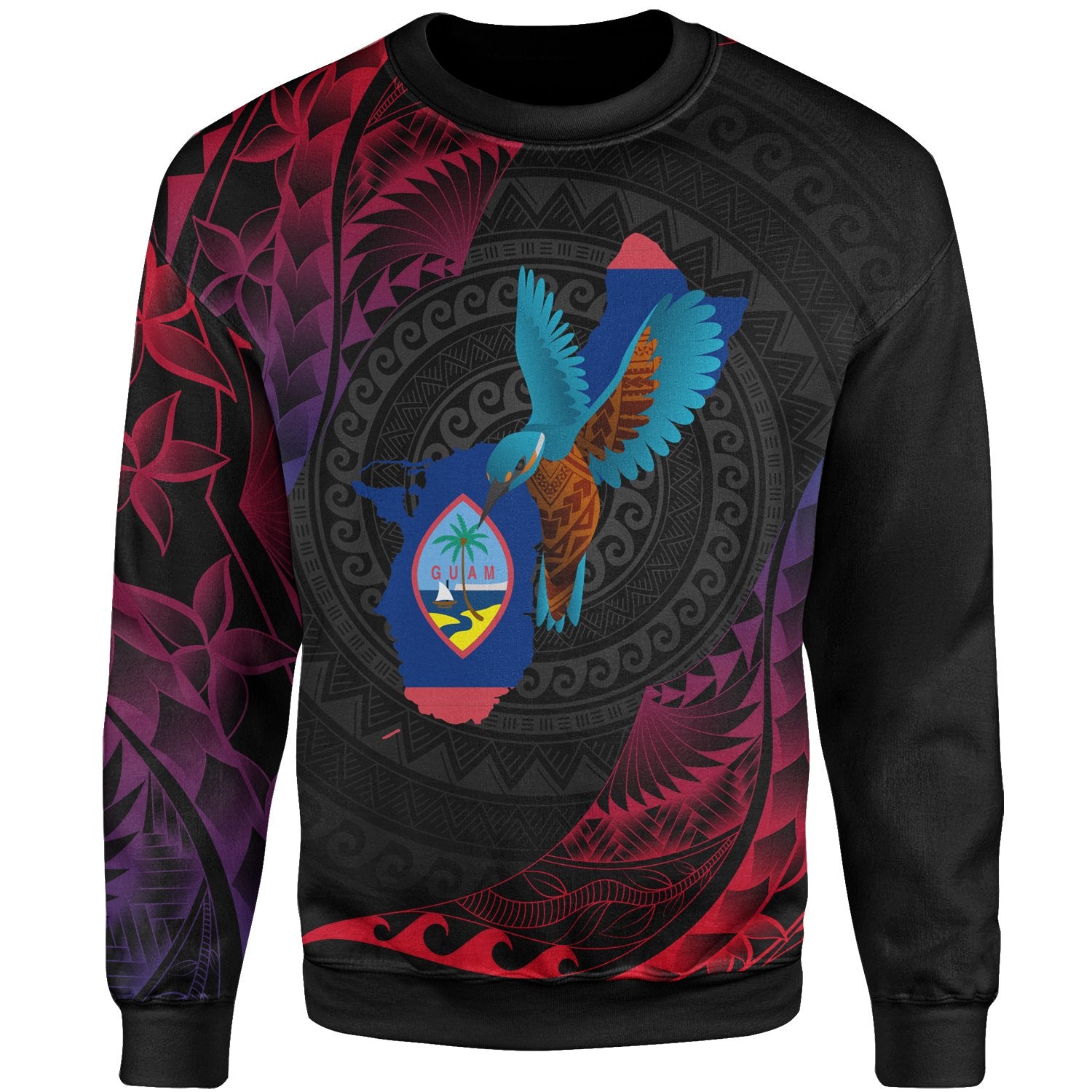 Guam Sweatshirt - KingFisher Bird With Map Unisex Black - Polynesian Pride